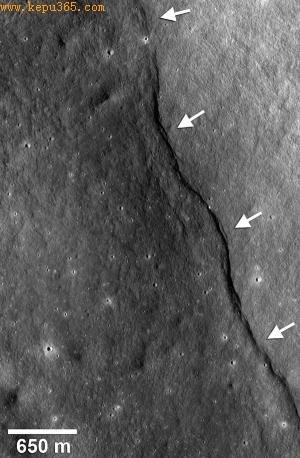 As the moon cooled and contracted, a thrust fault pushed its crust (arrows) up the side of an impact crater named Gregory (Image: NASA/GSFC/Arizona State University/Smithsonian) As the moon cooled and contracted, a thrust fault pushed its crust (arrows) up the side of an impact crater named Gregory (Image: NASA/GSFC/Arizona State University/Smithsonian)